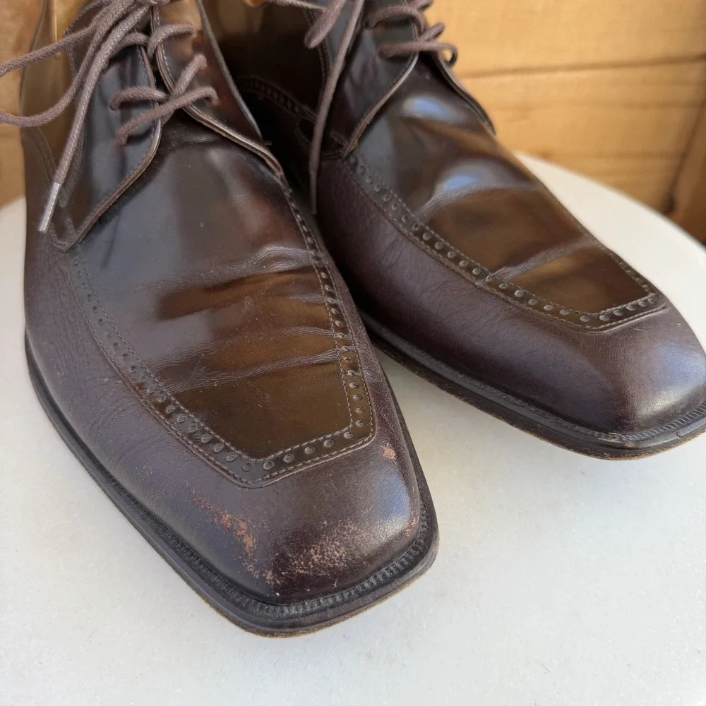 Mezlan Dress Shoes 9M Dark Brown Leather‎ Oxford Apron Square Toe Derby *Scuffs*